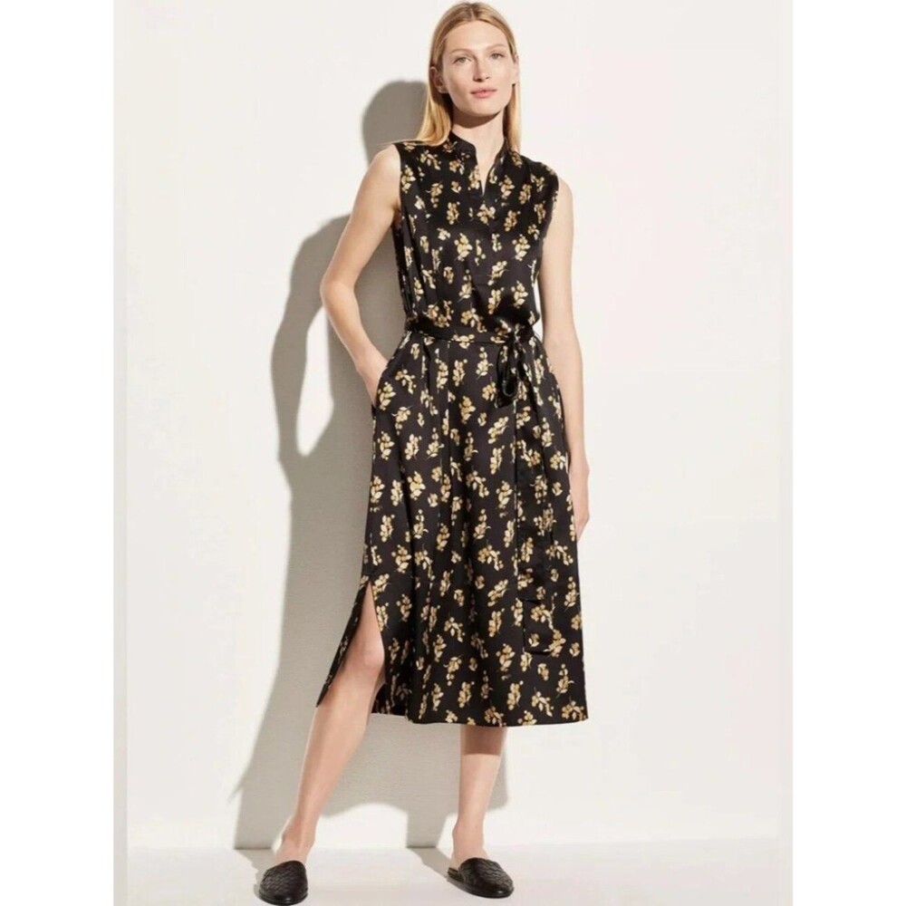$425 Vince Women's Black Yellow Dandelion Popover Midi Dress Size M